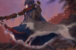  1boy alcryst_(fire_emblem) animal armor arrow_(projectile) blue_hair bow_(weapon) cape circlet fire_emblem fire_emblem_engage fur_trim highres holding holding_bow_(weapon) holding_weapon long_sleeves looking_to_the_side official_alternate_costume open_mouth red_eyes solo weapon wolf yonage_gm 