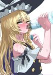  1girl bare_shoulders black_headwear black_vest blonde_hair blush bottle bow braid commentary_request drinking frilled_hat frills furrowed_brow hat hat_bow highres holding holding_bottle kirisame_marisa long_hair looking_at_viewer mikan_(manmarumikan) off-shoulder_shirt off_shoulder shirt simple_background single_braid sleeve_bow solo sweat touhou upper_body vest water water_bottle white_background white_bow white_shirt witch_hat yellow_eyes 
