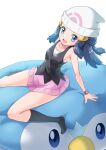  armpits beanie black_socks blue_eyes blue_hair hat highres hikari_(pokemon) long_hair miniskirt ossannoa piplup poke_ball_symbol pokemon pokemon_(game) pokemon_dppt poketch simple_background skirt socks watch watch 