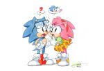  1boy 1girl ? classic_amy_rose dated finik glasses gloves green_shirt highres open_mouth orange_skirt shirt shoes simple_background skirt sonic_(series) sonic_the_hedgehog speech_bubble white_background white_gloves 
