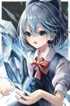  1girl absurdres asabita blue_bow blue_dress blue_eyes blue_hair bow cirno collared_shirt dress fairy hair_between_eyes hair_bow highres ice ice_wings open_mouth pinafore_dress shirt short_hair short_sleeves sleeveless sleeveless_dress solo touhou upper_body white_shirt wings 