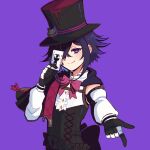  1boy absurdres alternate_costume black_gloves black_headwear bow bowtie card cele_(310v3) center_frills corset covering_one_eye danganronpa_(series) danganronpa_v3:_killing_harmony frills gloves hair_between_eyes hat highres holding holding_card joker_(card) long_sleeves looking_at_viewer multicolored_hair oma_kokichi pink_bow pink_bowtie playing_card purple_background red_headwear shirt simple_background smile solo teardrop_tattoo top_hat two-tone_hair upper_body violet_eyes white_gloves white_shirt 