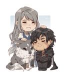  1boy 1girl absurdres animal armor beard_stubble black_cape black_hair blue_vest braid cape chibi clive_rosfield closed_eyes closed_mouth dog facial_hair final_fantasy final_fantasy_xvi grey_hair grey_wolf hair_over_shoulder headpat highres jill_warrick long_braid long_hair low-tied_long_hair petting scar scar_on_cheek scar_on_face short_hair silketara simple_background single_braid smile torgal_(ff16) vest wolf 