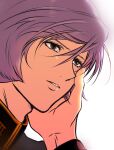  1boy brown_eyes garma_zabi gundam hair_between_eyes hand_on_another&#039;s_cheek hand_on_another&#039;s_face high_collar highres long_sleeves looking_afar male_focus mobile_suit_gundam out_of_frame parted_lips portrait purple_hair short_hair simple_background solo_focus tearing_up upper_body white_background yuu_(u1989080) 