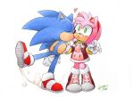  1boy 1girl alternate_costume amy_rose dated finik gloves heart kiss kissing_cheek shoes signature simple_background sonic_(series) white_background white_gloves 