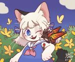  1girl ;d animal_ears artist_name blue_dress blue_eyes blue_sky bug bush butterfly butterfly_wings cat_ears cat_girl clouds creature_on_arm dragon dress flower furry furry_female hua_hua_de_meme looking_at_another medium_hair neckerchief one_eye_closed original red_neckerchief sailor_collar signature sky sleeveless sleeveless_dress smile solo upper_body white_fur white_hair white_sailor_collar wings yellow_flower 