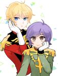  2boys blonde_hair blue_eyes brown_eyes char_aznable closed_mouth epaulettes garma_zabi gloves green_jacket gundam hand_on_own_cheek hand_on_own_face jacket long_sleeves looking_at_viewer male_focus meiko_(hishi) military_uniform mobile_suit_gundam multiple_boys purple_hair red_jacket short_hair simple_background smile triangle uniform upper_body white_background white_gloves 