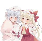  2girls animal_ear_fluff animal_ears bat_wings blonde_hair blush bow cat_ears claw_pose flandre_scarlet floral_print hair_between_eyes hat hat_bow highres kemonomimi_mode mob_cap multiple_girls puffy_short_sleeves puffy_sleeves red_bow red_eyes red_skirt red_vest remilia_scarlet short_sleeves siblings simple_background sisters skirt sorani_(kaeru0768) touhou vest white_background white_headwear wings wrist_cuffs 