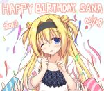  1girl 2019 black_hairband blonde_hair blue_eyes blush breasts casual character_name chitose_sana clenched_hand collarbone commentary_request confetti dated double_bun eyelashes eyes_visible_through_hair hair_between_eyes hair_bun hair_intakes hairband hands_up happy_birthday head_tilt igarashi_kenji long_hair long_sleeves looking_at_viewer one_eye_closed open_mouth party_popper shirt simple_background small_breasts smile solo straight-on tenshinranman two_side_up upper_body white_background white_shirt 