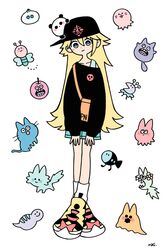  1girl apple aqua_eyes aqua_shorts bag baozi black_headwear black_shirt blonde_hair bright_pupils bug food fruit full_body garouma highres long_hair looking_at_viewer octopus orange_bag original panda print_headwear shirt shoes shorts shoulder_bag smile socks solo standing tsuchinoko very_long_hair white_background white_pupils white_socks 