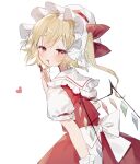  1girl blonde_hair blood blood_on_face blood_on_hands blush crystal flandre_scarlet hair_between_eyes hat heart highres long_hair mob_cap one_side_up red_eyes red_skirt red_vest shirt short_sleeves simple_background skirt solo sorani_(kaeru0768) tongue tongue_out touhou vest white_background white_headwear white_shirt wings 