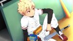  1boy against_wall bacchikoi! baseball_bat baseball_uniform black_sleeves black_socks blonde_hair closed_mouth collaboration foot_out_of_frame frown hot_dog indoors looking_to_the_side male_focus mazjojo mikkoukun non-web_source on_floor pants red_eyes red_footwear shirt socks soda_bottle solo sportswear white_pants white_shirt yanai_ichiru zamius 