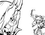  1boy 1girl animal_ears arm_up crown dress drill_hair facing_another fake_animal_ears greyscale grin gwen_(league_of_legends) holding league_of_legends long_hair long_sleeves monochrome phantom_ix_row profile smile soul_fighter_gwen soul_fighter_viego teeth twin_drills twintails viego_(league_of_legends) 