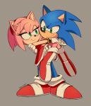  1boy 1girl amy_rose artist_name boots carrying dress gloves green_eyes grey_background highres panic-puppet princess_carry red_dress shoes simple_background sonic_(series) sonic_the_hedgehog standing white_gloves 
