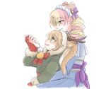  2girls :d animal_ears antlers bell blonde_hair blue_dress bow brown_eyes cafe_cuties_gwen dress fake_animal_ears fang from_side gloves gwen_(league_of_legends) holding_hands hood hood_up hug league_of_legends maid maid_headdress multicolored_hair multiple_girls neck_bell open_mouth pink_hair poppy_(league_of_legends) red_bow red_gloves sitting smile snow_fawn_poppy xayahsona_27 yordle 