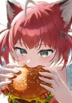  1girl absurdres ahoge akami_karubi animal_ears blue_eyes blue_ribbon burger cat_ears dress eating fast_food food hair_ribbon highres holding holding_food indie_virtual_youtuber kisaragi_edda multicolored_hair red_dress redhead ribbon sesame_seeds short_hair short_twintails solo twintails virtual_youtuber yellow_eyes 