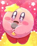  :d blush commentary_request cosplay full_body highres holding holding_microphone hoshino_ai_(oshi_no_ko) hoshino_ai_(oshi_no_ko)_(cosplay) kirby kirby_(series) looking_at_viewer miclot microphone no_humans open_mouth oshi_no_ko pink_background smile solo sparkle standing star-shaped_pupils star_(symbol) star_in_eye symbol-shaped_pupils symbol_in_eye violet_eyes 