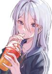  1girl black_shirt blue_jacket blush collarbone commentary cup drinking drinking_straw film_grain hair_between_eyes highres holding holding_cup jacket long_hair looking_at_viewer newda_al project_sekai shirt sidelocks simple_background solo sweatdrop upper_body violet_eyes white_background white_hair yoisaki_kanade 