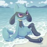  :o arm_support clouds commentary_request day full_body highres ibusaki_(ivu) outdoors parted_lips pokemon pokemon_(creature) riolu sand shore sitting sky solo water 