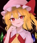  1girl :d ascot blonde_hair blush brown_background crystal dark_background dot_nose eyes_visible_through_hair fingernails flandre_scarlet frilled_shirt_collar frills hair_between_eyes hand_up hat medium_hair mob_cap nara_(gsx250r_anzio) parted_lips red_eyes red_vest simple_background slit_pupils smile solo touhou upper_body vest wings yellow_ascot 