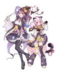  2girls :3 :d absurdres alan._(bcy105339667574) animal_ear_legwear animal_ears asymmetrical_legwear bcy black_cloak black_footwear black_gloves black_headwear black_skirt black_thighhighs blush boots bottle bow bow_skirt bracelet cape cat_ear_legwear cat_ears cat_hair_ornament cat_tail claw_pose cloak corset demon_horns demon_tail frilled_cape fur_boots glass_bottle gloves hair_ornament halloween_costume hands_up hat high_heels highres holding holding_bottle holding_wand horns huhu jack-o&#039;-lantern_ornament jewelry layered_skirt looking_at_viewer low_twintails medium_hair miao_jiujiu mismatched_legwear multiple_girls overskirt pink_hair puffy_shorts purple_bow purple_corset purple_hair red_bow red_eyes ruan_miemie shirt short_sleeves shorts skirt smile standing standing_on_one_leg tail tail_bow tail_ornament thigh-highs twintails wand white_background white_shirt witch_hat yellow_cape yellow_corset yellow_shorts yellow_thighhighs 
