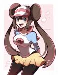  1girl blue_eyes blush brown_hair crossed_arms doughnut_hair_bun hair_bun happy hat heart highres looking_at_viewer open_mouth pink_background pokemon pokemon_(game) pokemon_bw2 rosa_(pokemon) shirt smile solo touyarokii twintails 