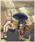  1boy absurdres blue_footwear blush brown_eyes brown_hair brown_shorts church closed_mouth dark-skinned_male dark_skin flower graveyard hero_(omori) highres holding holding_umbrella male_focus omori rain shirt shoes short_hair short_sleeves shorts smile sneakers socks solo tombstone umbrella watch watch white_shirt white_socks zipsunz 