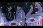  2boys 4the2ofus absurdres alcohol black_gloves black_hair bottle candle chair coat cup dottore_(genshin_impact) drinking_glass food fork fur-trimmed_coat fur_trim genshin_impact gloves highres holding holding_cup japanese_clothes letterboxed male_focus multiple_boys plate scaramouche_(genshin_impact) signature sitting solo_focus table white_coat wine_glass 