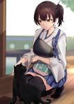  1girl apron architecture black_cat blue_hakama brown_eyes brown_hair cat commission day east_asian_architecture endou_(zettai_bluenoid) hakama hakama_short_skirt hakama_skirt highres japanese_clothes kaga_(kancolle) kantai_collection kneeling long_hair muneate short_sidetail side_ponytail skeb_commission skirt solo tasuki thigh-highs tree tsurime 