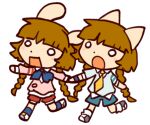  2girls ambiguous_species animal_ears blue_ribbon blue_socks brown_hair cat_ears chibi furry furry_female glassesrabbit lowres mimi_(pop&#039;n_music) multiple_girls necktie nyami_(pop&#039;n_music) pop&#039;n_music rabbit_ears ribbon school_uniform short_twintails socks twintails white_socks yellow_necktie 