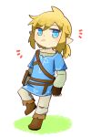  1boy belt black_gloves blonde_hair blue_tunic brown_belt brown_footwear dot_nose fingerless_gloves frown gloves grey_shirt gumru2824 link long_sleeves male_focus pants pointy_ears shirt short_ponytail sidelocks the_legend_of_zelda the_legend_of_zelda:_breath_of_the_wild white_pants 