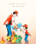  1boy anniversary baseball_cap belt black_belt black_hair black_shirt blue_eyes blue_pants bulbasaur charmander faceless faceless_male full_body hat holding holding_pokemon jacket kou_osmtaka male_focus open_mouth pants pikachu pokemon pokemon_(creature) red_(pokemon) red_eyes red_jacket shirt shoes short_hair short_sleeves sneakers squirtle standing starter_pokemon_trio time_paradox typo 