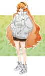  1girl absurdres blush boots bow brown_hairband brown_shorts dokgo_die_docta_(d_o_t) full_body green_eyes hair_bow hairband hands_in_pockets highres ishmael_(limbus_company) jacket limbus_company long_hair long_sleeves looking_at_viewer open_mouth orange_hair pocket project_moon shorts solo very_long_hair white_bow white_footwear white_jacket 