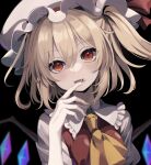  1girl absurdres ascot blonde_hair collared_shirt crystal fang fingernails flandre_scarlet frilled_shirt_collar frills hair_between_eyes hat highres long_hair looking_at_viewer mob_cap nail_polish one_side_up open_mouth red_eyes red_nails shirt short_sleeves smile solo touhou upper_body white_headwear white_shirt wings wottosei yellow_ascot 