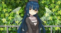  1girl absurdres belt black_belt black_headwear blue_hair blush braid closed_mouth highres long_hair long_sleeves marlowe nijisanji outdoors plant railing round_eyewear smile solo transparent_wings twin_braids upper_body virtual_youtuber wings yamagami_karuta yellow_eyes 