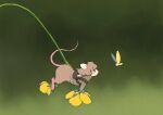  1other absurdres animal_ears backpack bag black_eyes blurry blurry_background brown_bag brown_fur brown_hair bug flower from_side furry green_background green_shirt highres hua_hua_de_meme looking_at_another mouse mouse_ears mouse_tail on_flower original profile shirt tail yellow_flower 