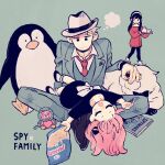  25mark_nobu 2girls anya_(spy_x_family) bag bird black_bow blonde_hair bond_(spy_x_family) bow closed_eyes dog green_background happy hat highres multiple_girls open_mouth peanut penguin pink_hair simple_background spy_x_family twilight_(spy_x_family) yor_briar 