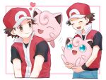  1boy :d baseball_cap black_shirt black_wristband blush brown_eyes brown_hair closed_eyes closed_mouth commentary_request framed hat heart highres holding holding_pokemon jigglypuff male_focus mochi_(mocchi_p_2m) multiple_views open_mouth pants pokemon pokemon_(creature) pokemon_(game) pokemon_frlg red_(pokemon) red_headwear red_vest shirt short_hair short_sleeves smile t-shirt teeth tongue upper_teeth_only vest white_background 