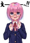  1girl alternate_costume blazer blue_jacket blush braid buttons commentary_request flustered glasses hands_up highres jacket kaf_(kamitsubaki_studio) kamitsubaki_studio kuronosu_(yamada1230) long_hair long_sleeves low_twin_braids neck_ribbon nose_blush open_mouth pink_hair rainbow_gradient raised_eyebrows red_ribbon ribbon school_uniform simple_background solo straight-on sweatdrop translation_request twin_braids upper_body virtual_youtuber wavy_mouth white_background 