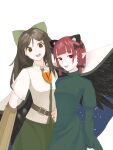  2girls :d animal_ear_fluff animal_ears arm_cannon belt black_bow black_hair blunt_bangs bow braid breasts brown_eyes cape cat_ears cat_tail chest_jewel commentary_request cowboy_shot dress extra_ears fangs feathered_wings green_bow green_dress green_skirt hair_bow hair_ribbon highres holding_hands juliet_sleeves kaenbyou_rin long_hair long_sleeves looking_at_viewer medium_hair multiple_girls multiple_tails nail_polish nekomata open_mouth parted_bangs parted_lips pointy_ears puffy_sleeves red_eyes red_nails redhead reiuji_utsuho ribbon shirt simple_background skirt small_breasts smile tail teeth touco_to touhou tress_ribbon twin_braids two_tails upper_teeth_only very_long_hair weapon white_background white_shirt wing_collar wings yuri 