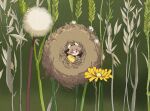  1other :o animal_ears bird bird_nest black_eyes blurry blurry_background dandelion dandelion_seed flower furry grass green_background green_shirt highres hua_hua_de_meme looking_at_viewer mouse mouse_ears original shirt yellow_flower 