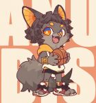  1boy :d animal_ears anubis_(mythology) ball basketball_(object) black_shorts brown_fur brown_hair character_name egyptian_mythology fangs full_body furry furry_male highres holding holding_ball hua_hua_de_meme jackal_boy jackal_ears jackal_tail orange_background orange_eyes original shirt short_hair shorts sleeveless sleeveless_shirt smile solo toeless_footwear white_footwear white_shirt 