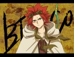  1boy akaboshi_bisco bow_(weapon) brown_scarf character_name closed_mouth collarbone facial_tattoo frown goggles goggles_on_head green_eyes hooded_robe ikuris letterboxed male_focus redhead robe sabikui_bisco scarf spiky tattoo upper_body weapon weapon_on_back white_robe 