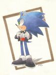  1boy alternate_costume black_footwear black_jacket dated finik gloves highres jacket looking_to_the_side open_clothes open_jacket shirt shoes signature simple_background solo sonic_(series) sonic_the_hedgehog white_gloves white_shirt 