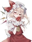  1girl apple blush bow crystal dress flandre_scarlet food fruit hair_between_eyes half-closed_eyes hands_up hat hat_bow highres holding holding_food holding_fruit looking_at_viewer mob_cap one_side_up parted_lips pink_eyes puffy_short_sleeves puffy_sleeves red_bow red_dress red_eyes short_hair short_hair_with_long_locks short_sleeves simple_background solo sorani_(kaeru0768) touhou white_background wings wrist_cuffs 