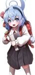  1girl absurdres aged_down ako_(blue_archive) backpack bag blue_archive blue_eyes blue_hair blush book brown_skirt doyoon_7 halo highres holding holding_book long_sleeves looking_at_viewer pleated_skirt randoseru red_bag shirt skirt solo sweatdrop white_shirt 