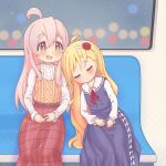  2girls :d absurdres ahoge belt blonde_hair blue_dress blush brown_eyes closed_eyes commentary crossover dot_nose dress english_commentary hair_between_eyes hairband highres leaning_on_person loentar long_hair long_skirt long_sleeves mixed-language_commentary multiple_girls onii-chan_wa_oshimai! open_mouth oyama_mahiro pink_hair red_skirt shimura_akihiko shirt sitting skirt smile train_interior trait_connection white_hairband white_shirt yo-jo_life! 