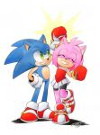 1boy 1girl alternate_costume amy_rose boxing_gloves closed_eyes dated finik gloves highres shoes simple_background sonic_(series) sonic_the_hedgehog white_background white_gloves
