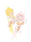  1boy 1girl classic_amy_rose dated finik gloves highres open_mouth shoes signature simple_background sonic_(series) sonic_the_hedgehog super_amy_rose super_sonic white_background white_gloves 
