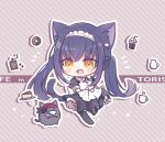 1girl :d alternate_costume animal_ears apron black_dress black_hair black_ribbon black_thighhighs blush_stickers brown_background cat cat_ears cat_girl cat_tail chibi clothes_lift commentary_request dress dress_lift enmaided frilled_dress frills hair_between_eyes hair_ornament kushima_kamome lifted_by_self long_hair looking_at_animal low_twintails maid maid_apron maid_headdress notice_lines open_mouth puffy_short_sleeves puffy_sleeves ribbon short_sleeves sidelocks smile solo standing standing_on_one_leg striped striped_background summer_pockets tail thigh-highs twintails very_long_hair white_apron x_hair_ornament yellow_eyes yutori_z71 